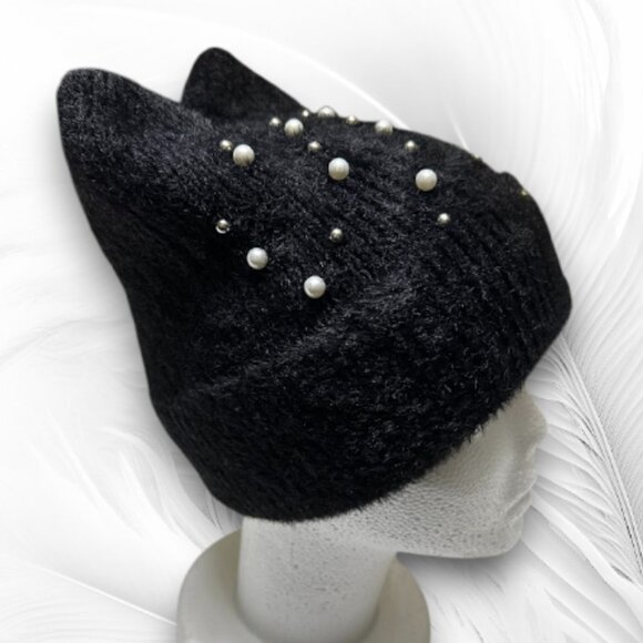 Fuzzy Black Knit Cat Ear Beanie with Pearls – Cute Winter Hat Women’s Warm Soft - Picture 4 of 6